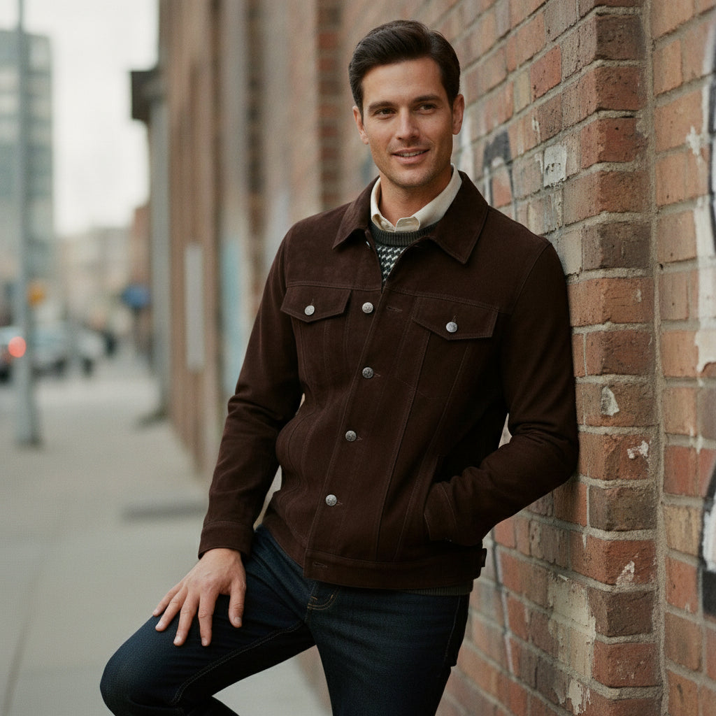 Men's Brown Suede Trucker Jacket