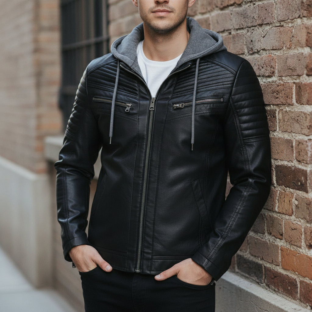Men's Black and Grey Hooded Leather Biker Jacket