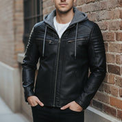 Men's Black and Grey Hooded Leather Biker Jacket