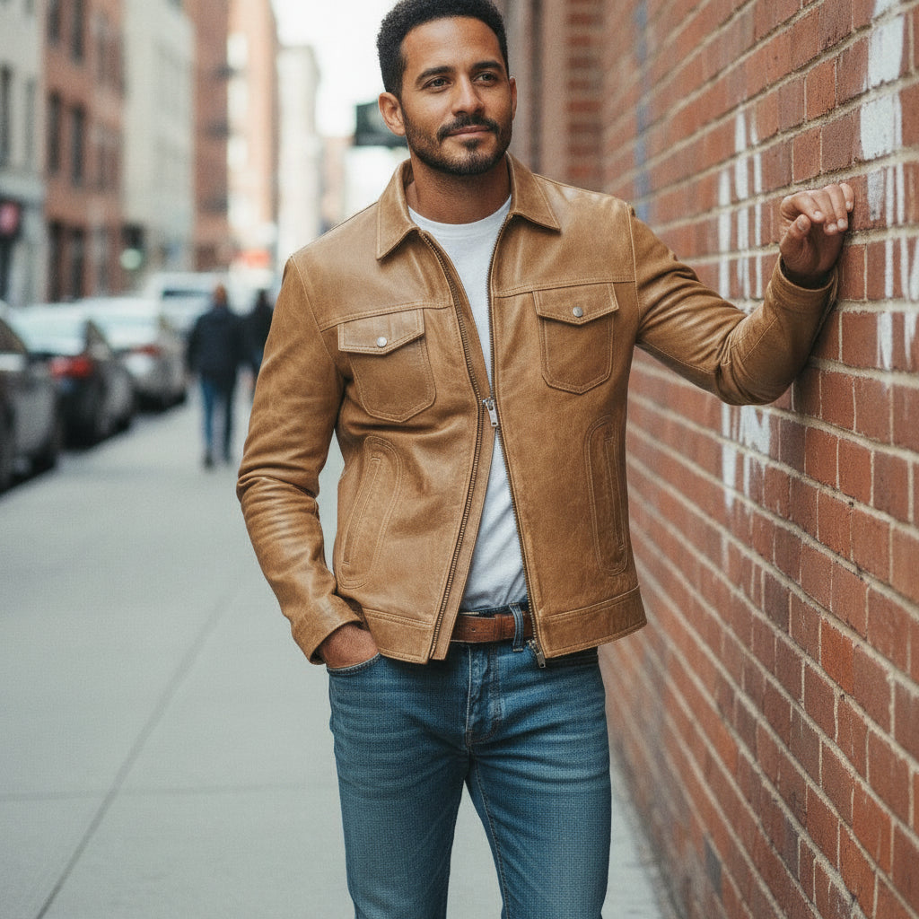 Men's Tan Leather Cafe Racer Jacket