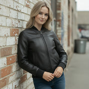 Women's Black Diamond-Embossed Leather Bomber Jacket