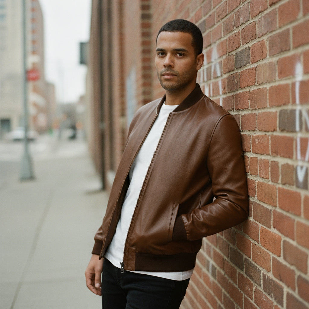 Men's Brown Leather Bomber Jacket