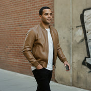 Men's Tan Leather Bomber Jacket
