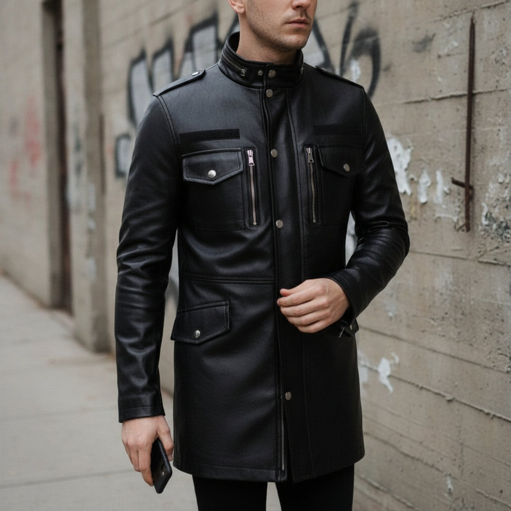 Men's Black Leather Long Jacket