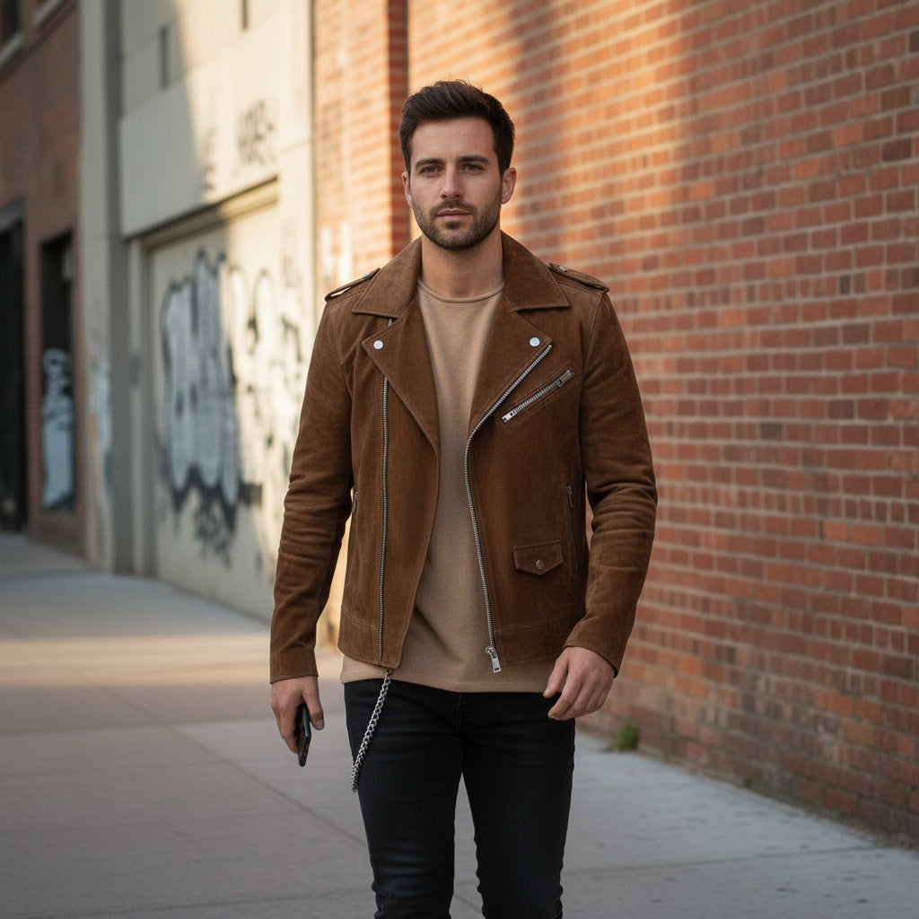 Men's Brown Suede Biker Jacket