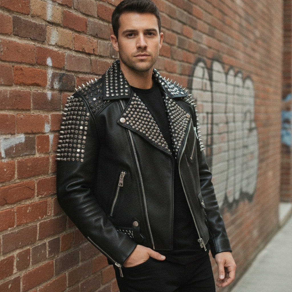 Men's Black Studded Leather Biker Jacket