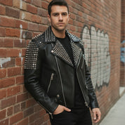 Men's Black Studded Leather Biker Jacket