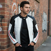 Men's White, Black, and Red Leather Biker Jacket