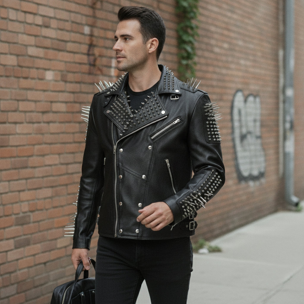 Men's Black Studded Leather Biker Jacket