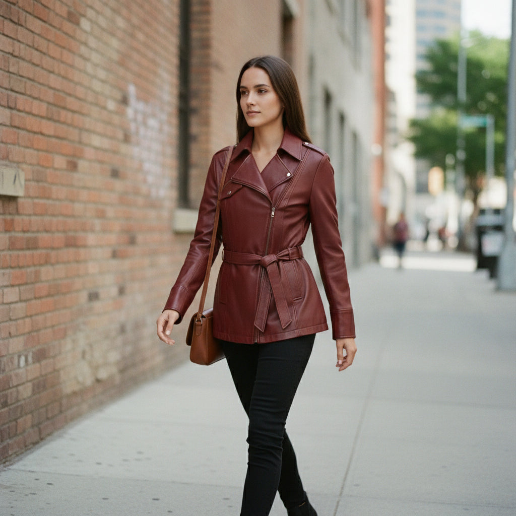 Women's Burgundy Belted Asymmetric Zipper Leather Biker Jacket
