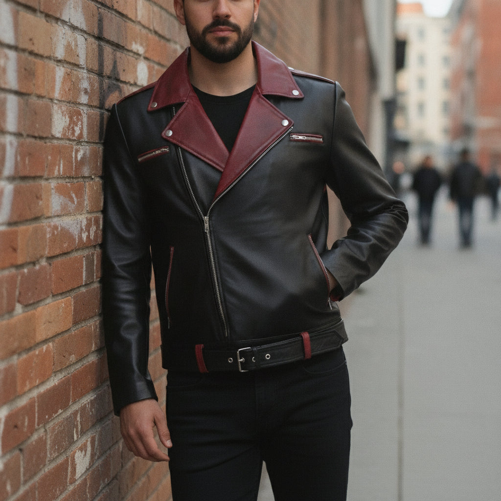 Men's Black and Burgundy Double Rider Leather Biker Jacket — Abbercombe