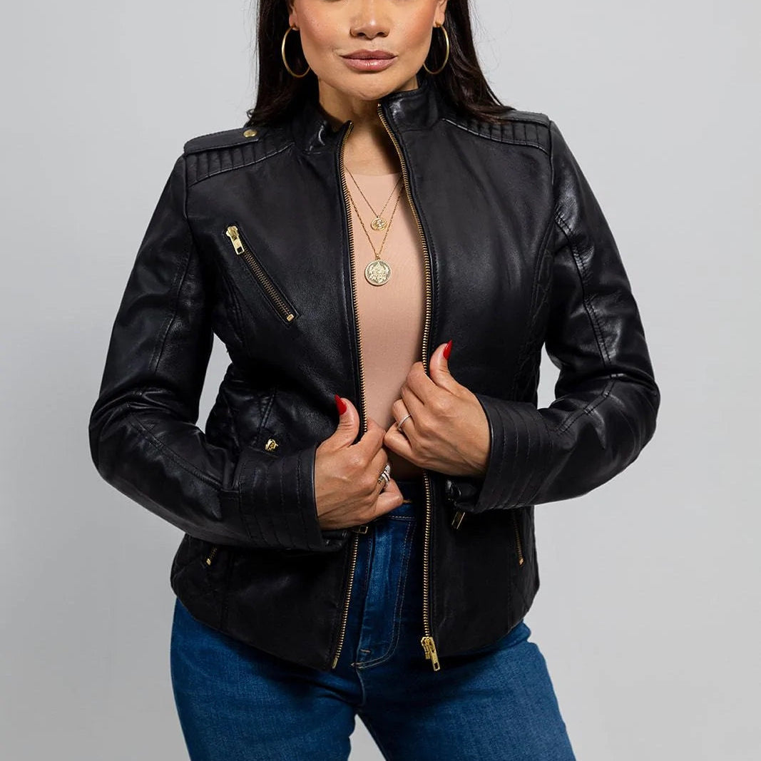 Gothic Women's Quilted Lambskin Leather Jacket - Black