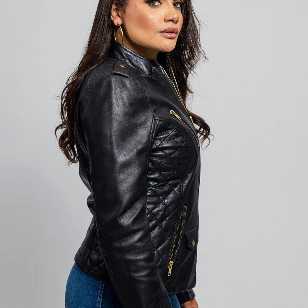 Gothic Women's Quilted Lambskin Leather Jacket - Black