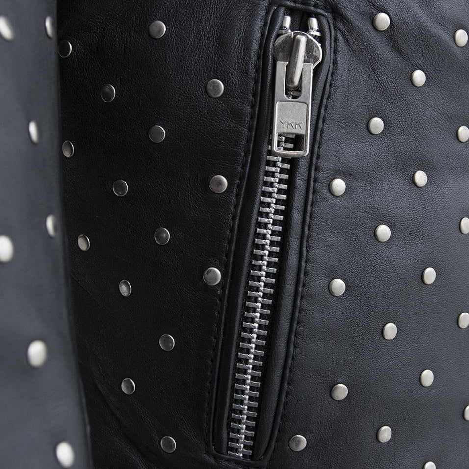 Women's Black Studded Asymmetrical Leather Biker Jacket — Abberwell