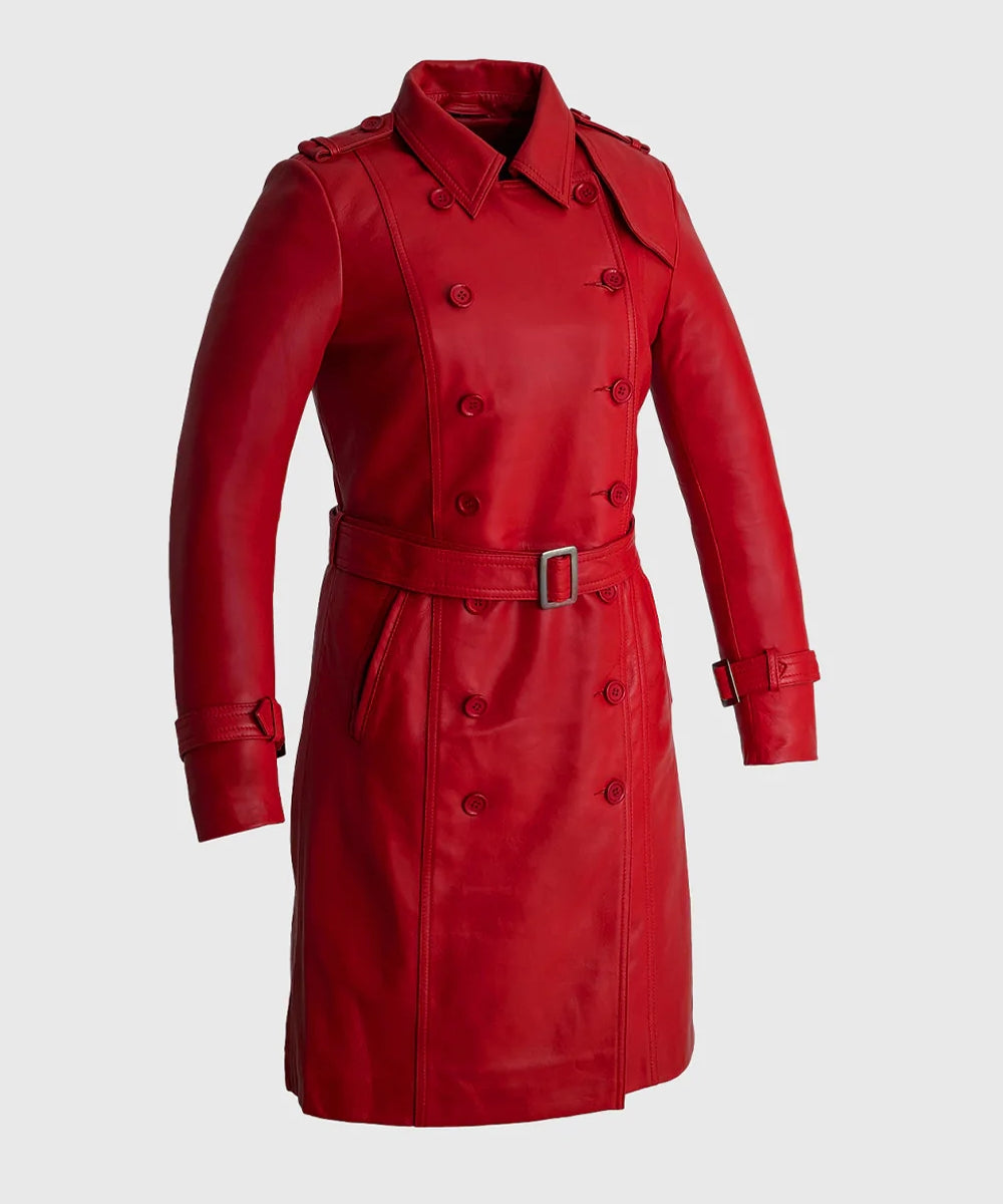 Steampunk Luxurious Lambskin Women's Long Fire Red Jacket