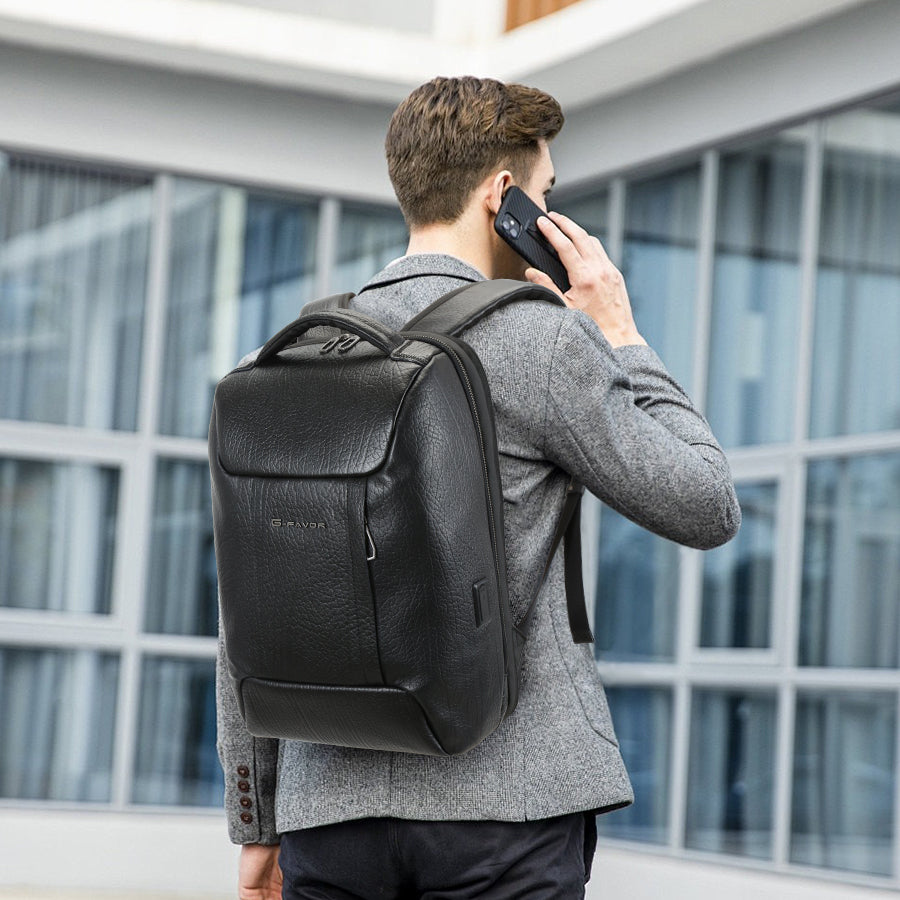 Men's Genuine Leather Anti-Theft Laptop Backpack with USB Port