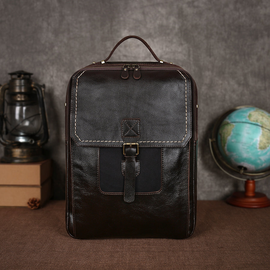 Compact Vintage Leather Laptop Travel Backpack for Men - Waterproof