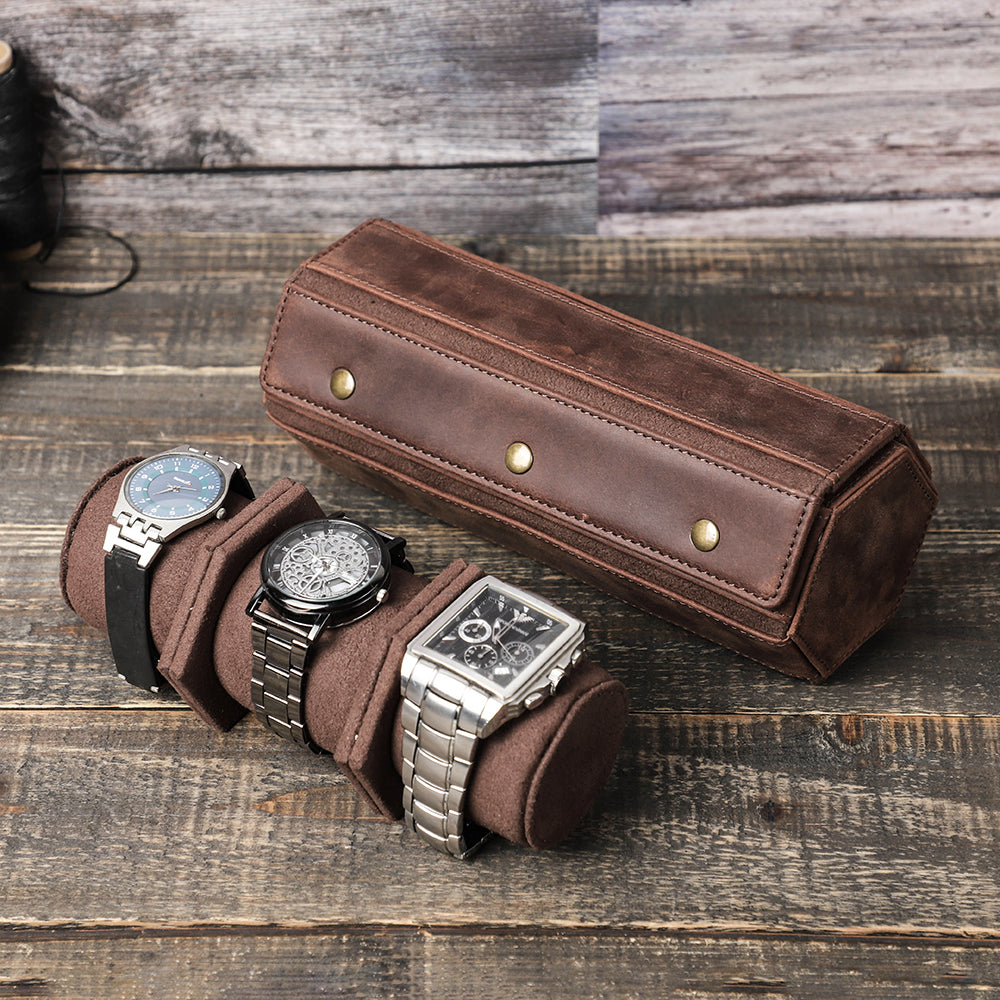 Leather Diamond Shaped 3 Slots Watch Organizer Roll Case