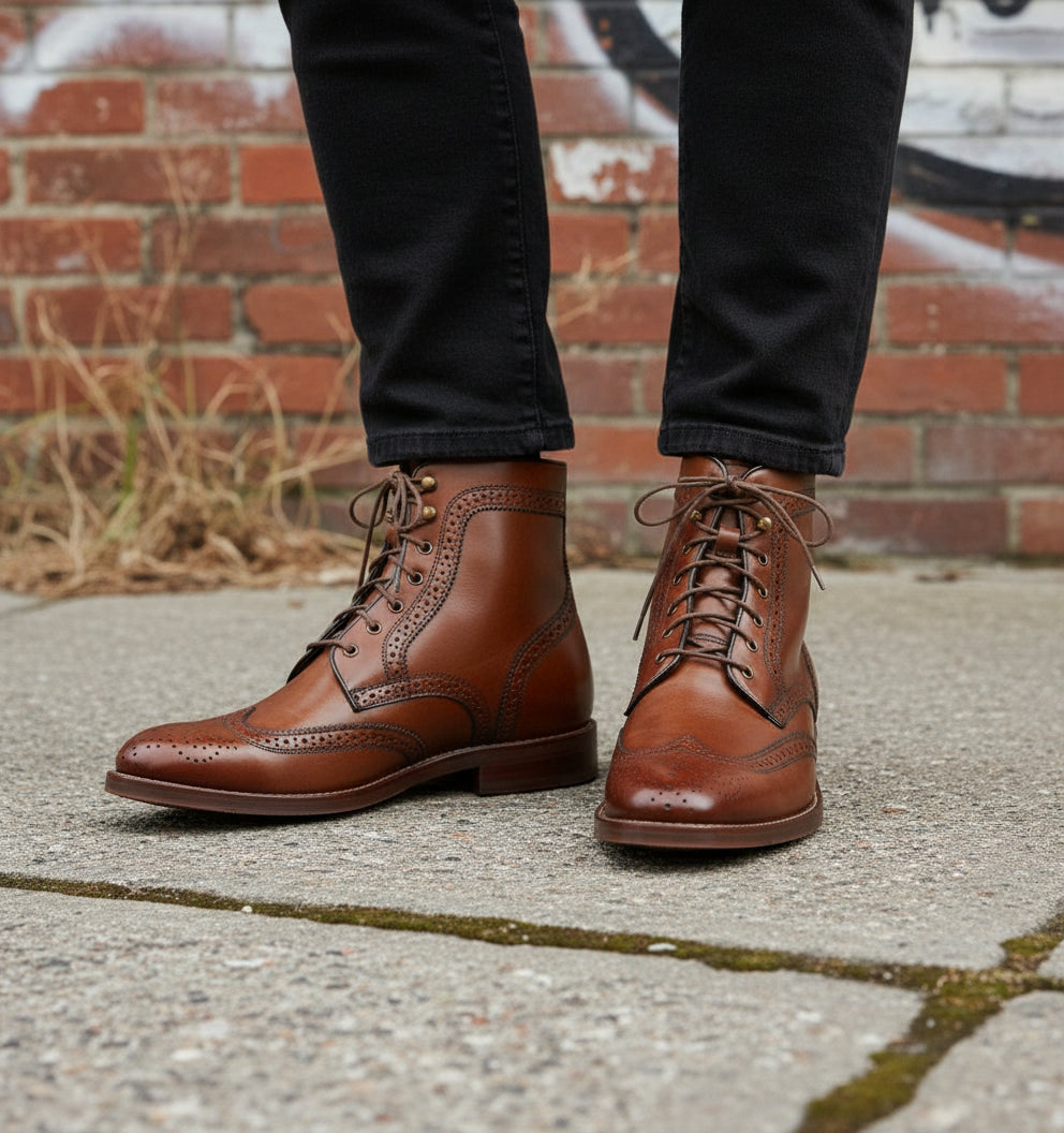 Handmade Men's Brown Wingtip Brogue Leather Boots
