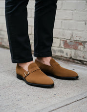 Handmade Tan Suede Monk Shoes for Men