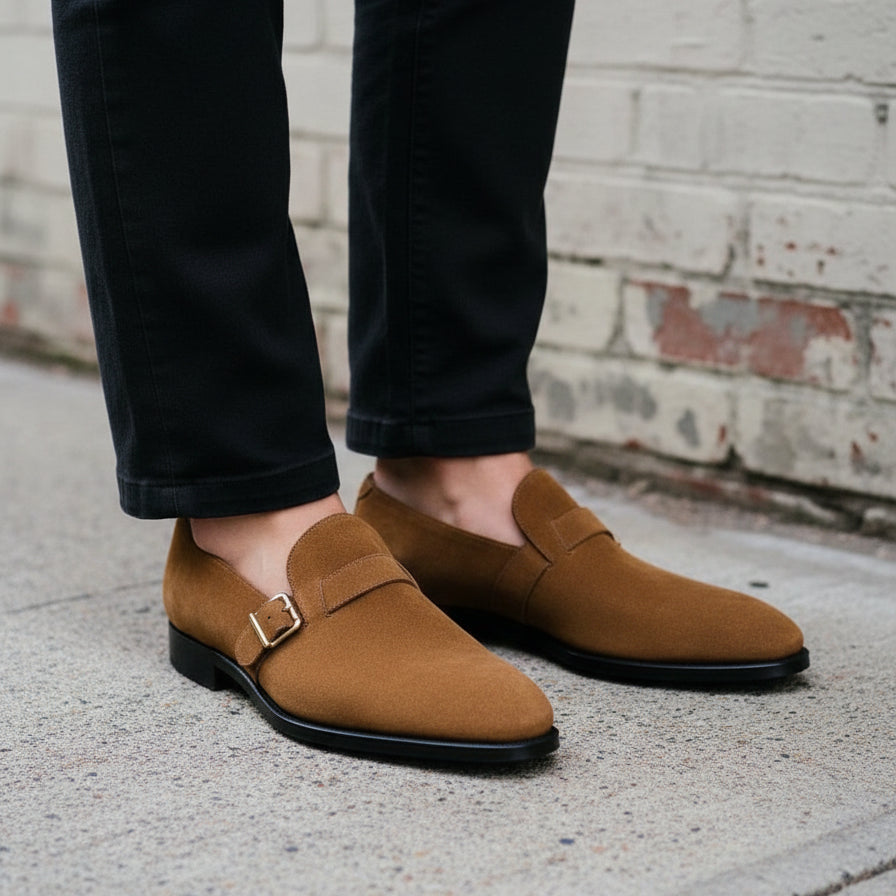 Handmade Tan Suede Monk Shoes for Men