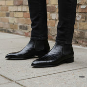 Men's Handmade Black Crocodile Print Chelsea Boots