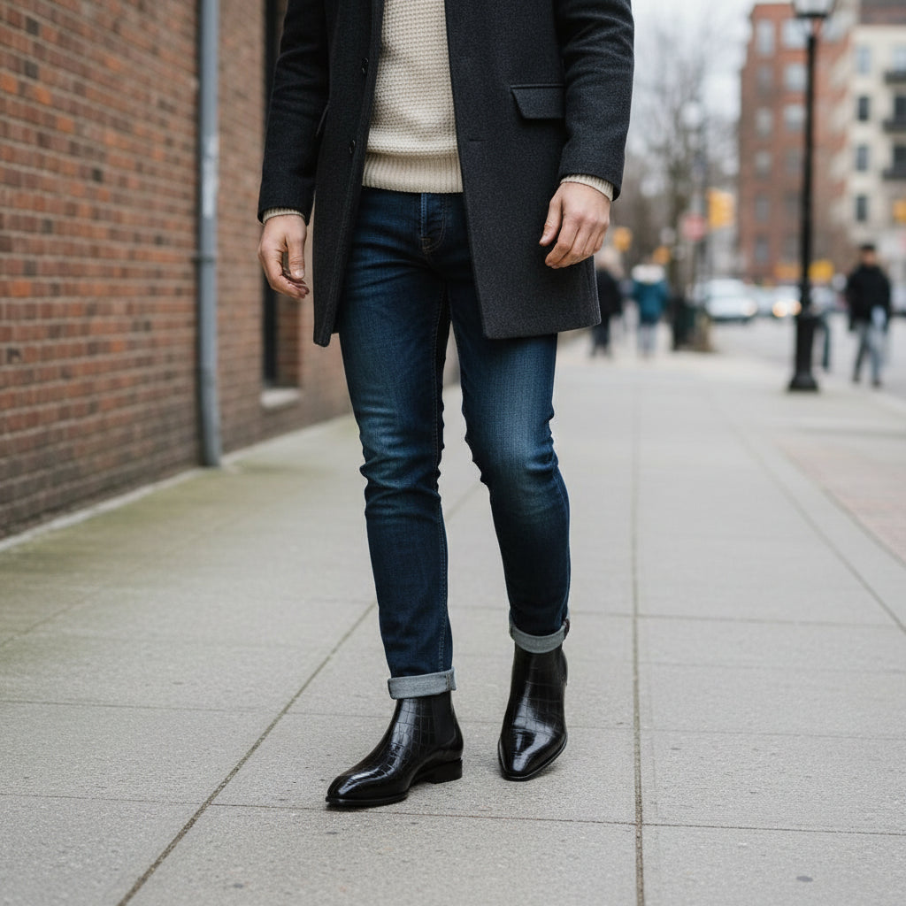 Men's Handmade Black Crocodile Print Chelsea Boots