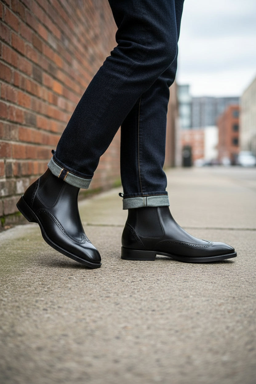 Handmade Black Wingtip Chelsea Boots - Men's Ankle Boots