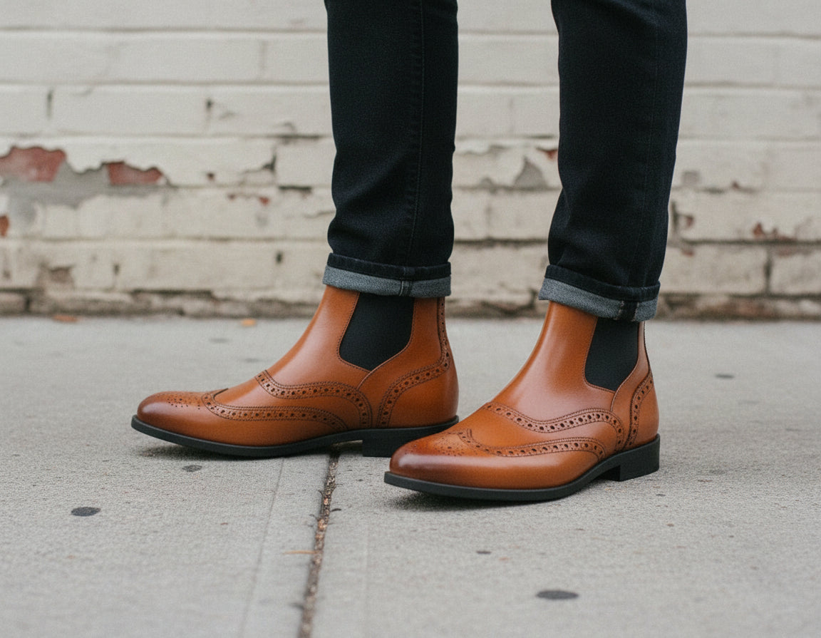 Handmade Tan Leather Wingtip Brogue Chelsea Boots