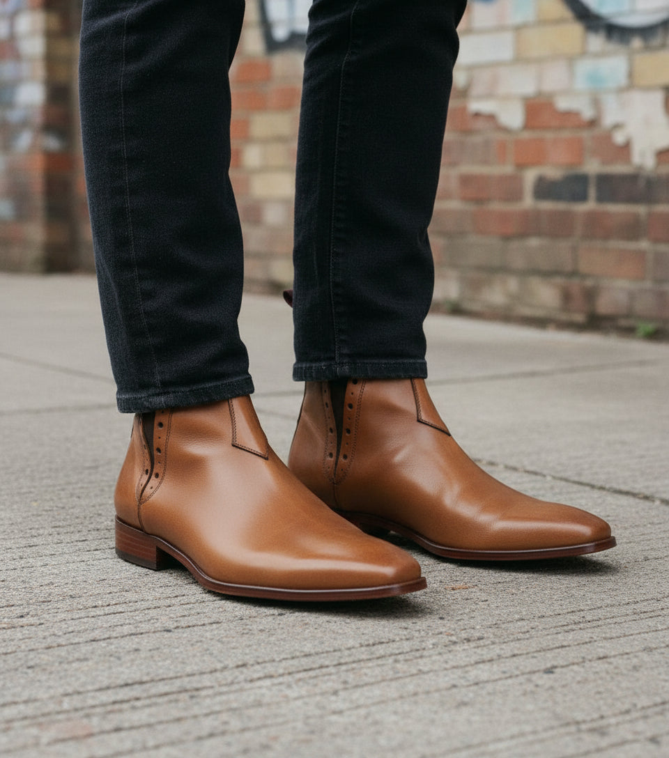 Handmade Men Tan Color Chelsea Brogue Ankle Boots, Ankle Leather Boots