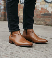 Handmade Men Tan Color Chelsea Brogue Ankle Boots, Ankle Leather Boots