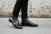 Handcrafted Men's Black Double Monk Ankle Boots with Side Zipper