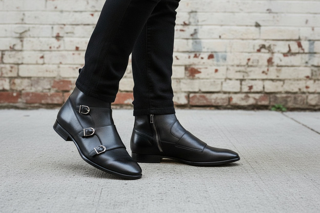 Handcrafted Men's Black Double Monk Ankle Boots with Side Zipper