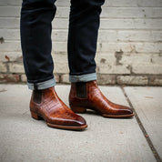 Handcrafted Men's Brown Chelsea Boots with Crocodile Pattern
