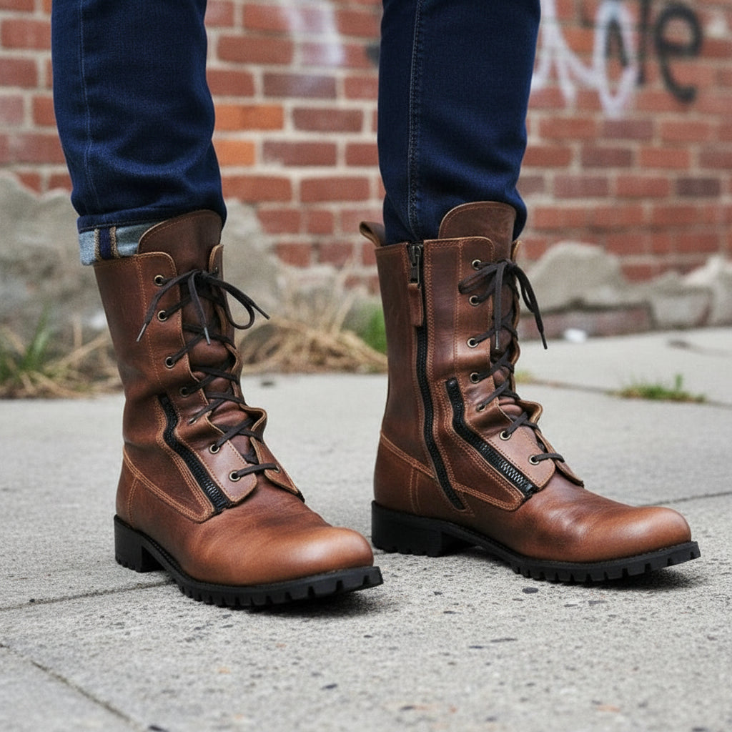 Handcrafted Men's Antique Brown Biker Boots with Side Zipper and Lace-Up Closure