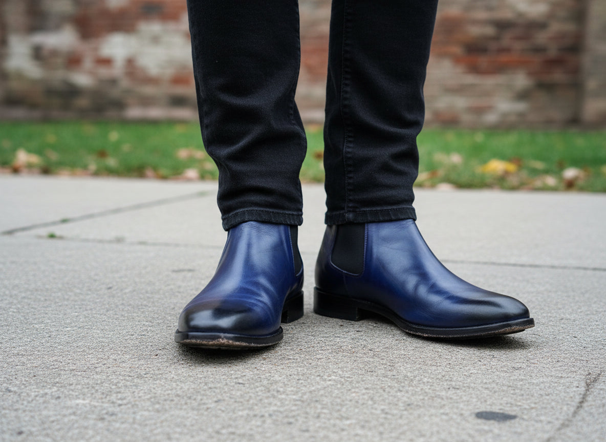 Men's Navy Blue Handmade Leather Ankle Chelsea Boots