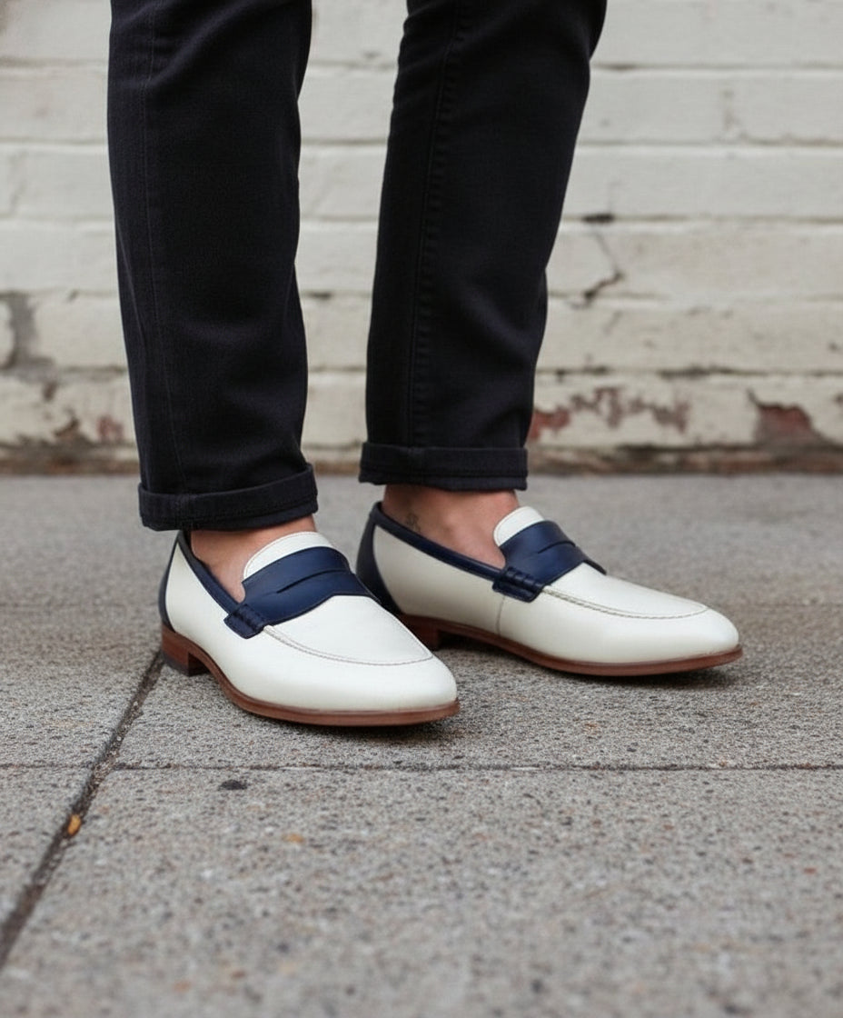 Handmade Men Two Tone Formal Shoes, Blue and White Dress Shoes