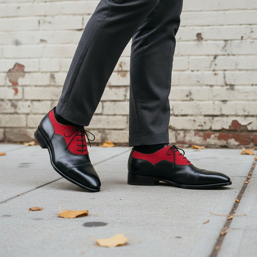 Men's Two Tone Red and Black Handmade Oxford Dress Shoes US 6.5 / Red/Black / B - Narrow Men's Two Tone Red and Black Handmade Oxford Dress Shoes US 6.5 / Red/Black / B - Narrow