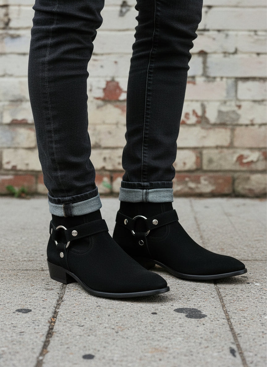 Handmade Men's Black Suede Biker Boot, Men's Suede Leather Ankle Boot