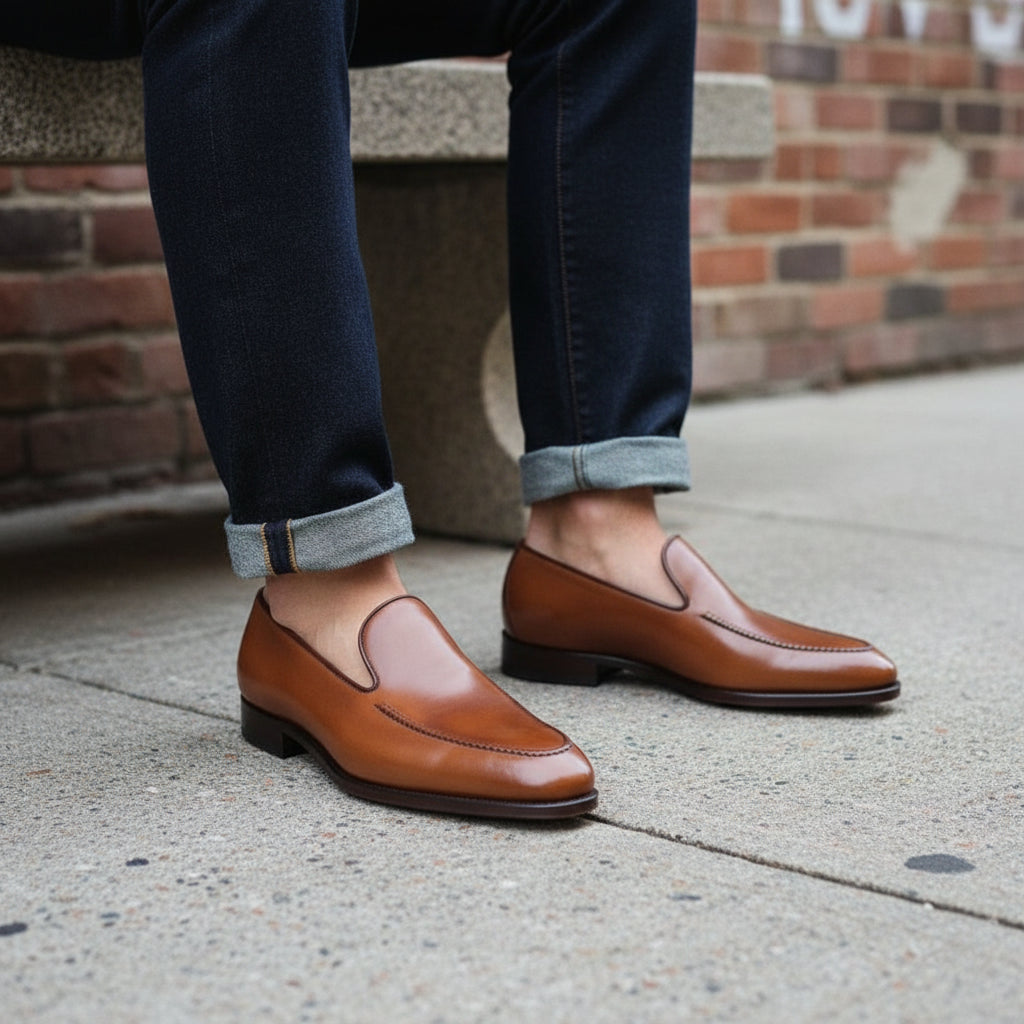 Men's Handmade Tan Leather Moccasins for Formal Wear