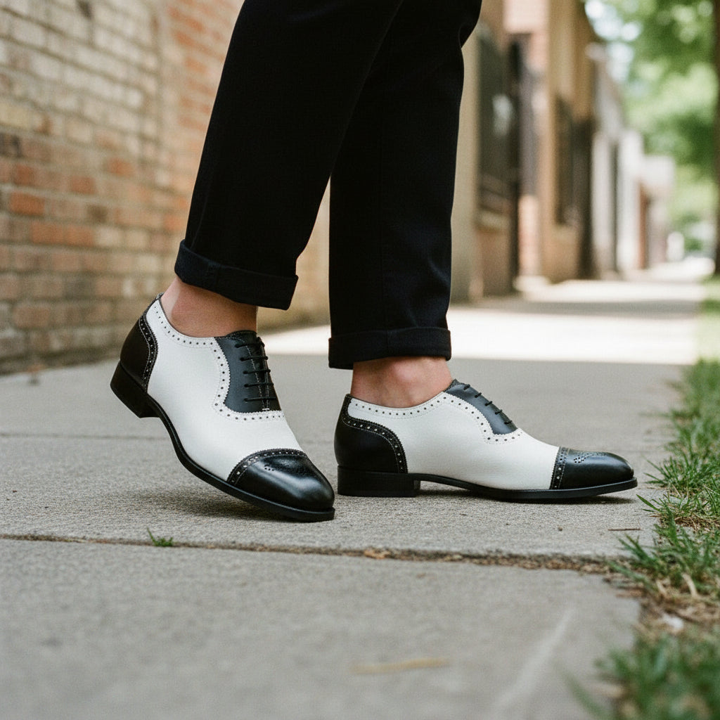 Handmade Mens Two Tone Formal Shoes, Me Black and White Spectator Shoes