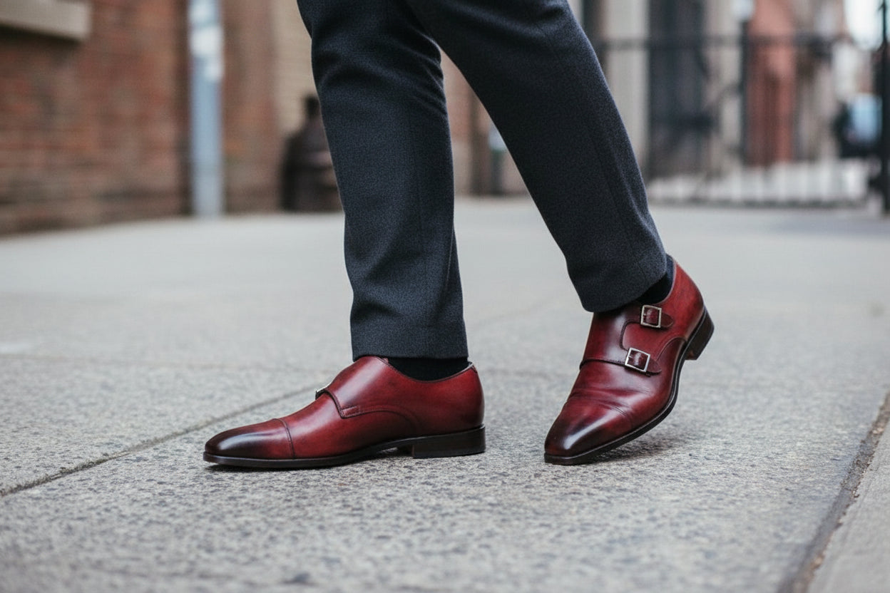 Handmade Men's Burgundy Formal Monk Leather Shoes