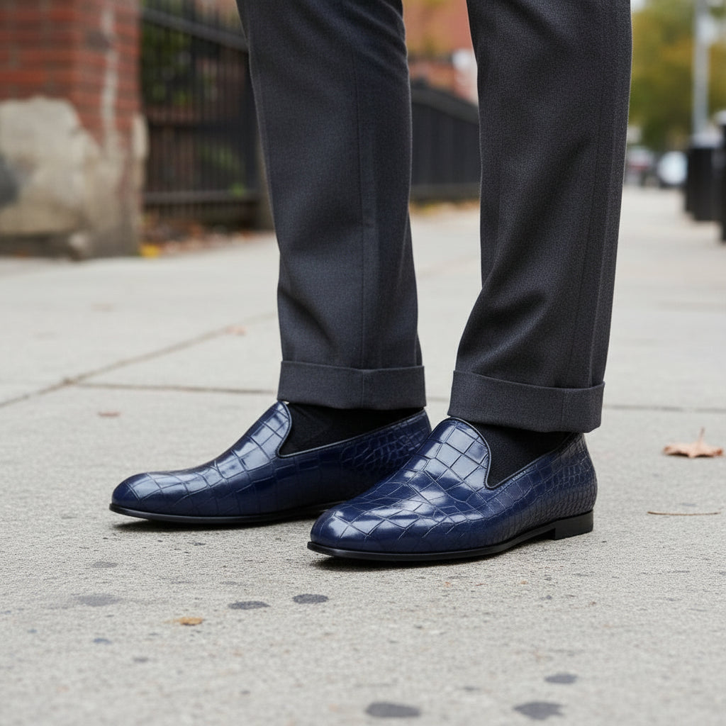Handmade Mens Blue Alligators Shoes, Men Blue Crocodile Penny Loafer