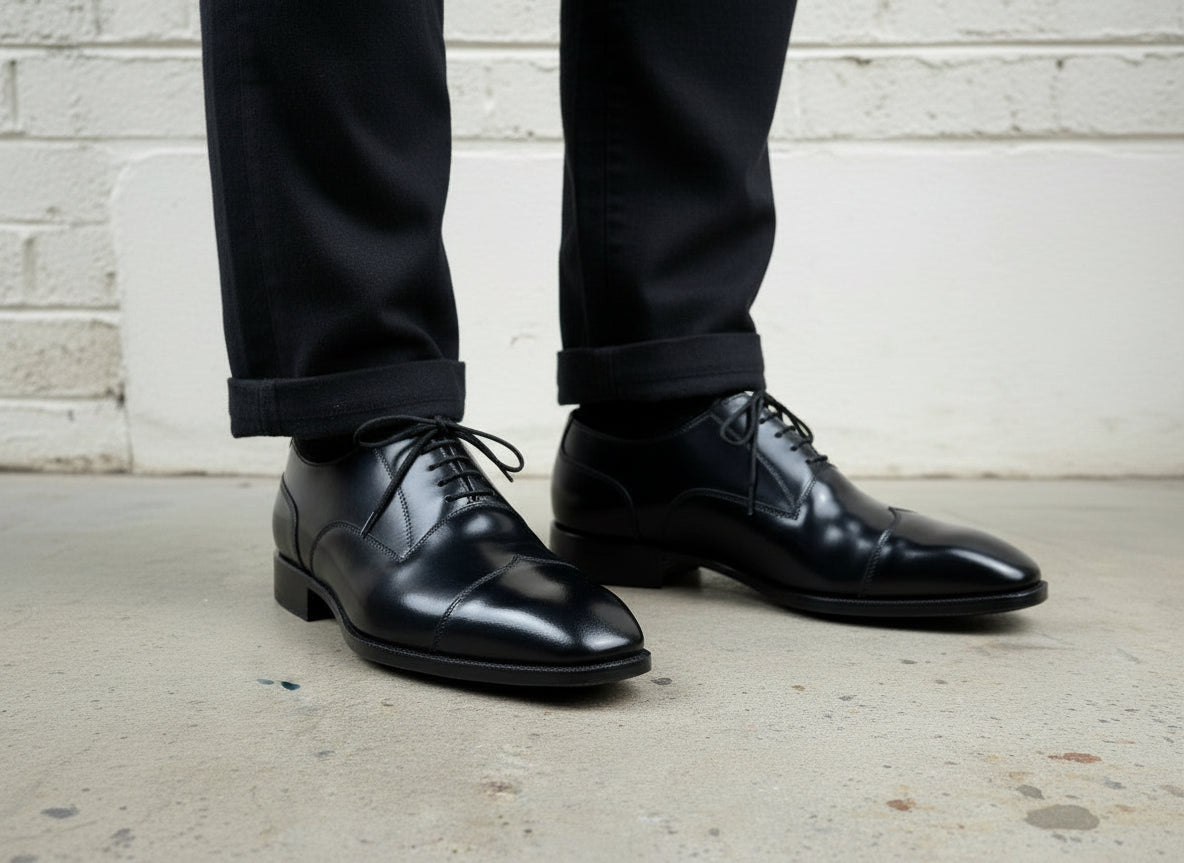 Handmade Men's Black Leather Tuxedo Shoes