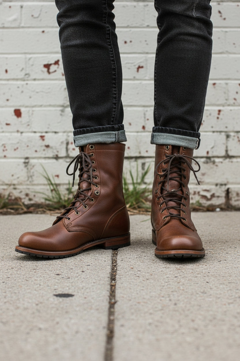 Handcrafted Men's High Ankle Combat Boots in Rich Brown