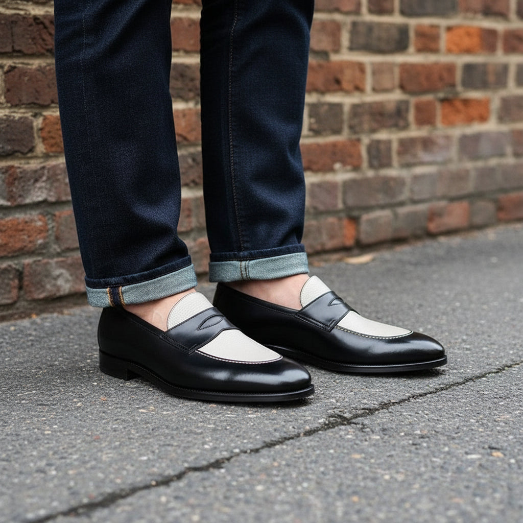 Handmade Two Tone Penny Loafers, Men's Leather Moccasins