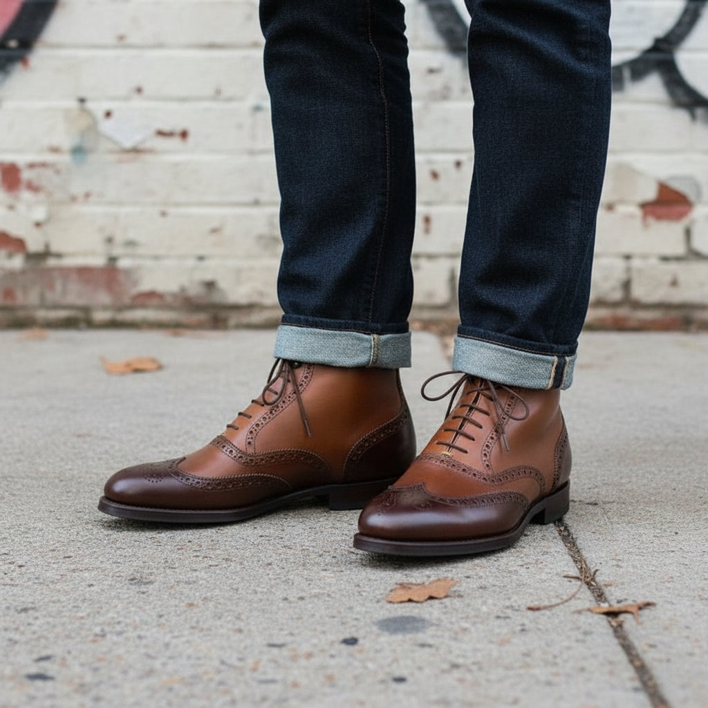 Handcrafted Men's Brown  Wingtip Leather Ankle Boots, Hand Burnish Brogue Boots