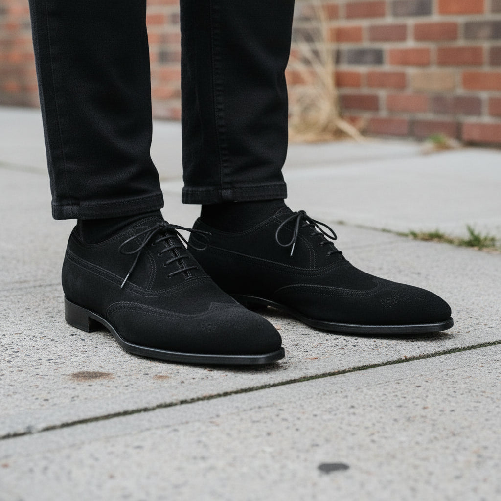 mens dress shoes black suede Men's Black Wingtip Suede Oxfords