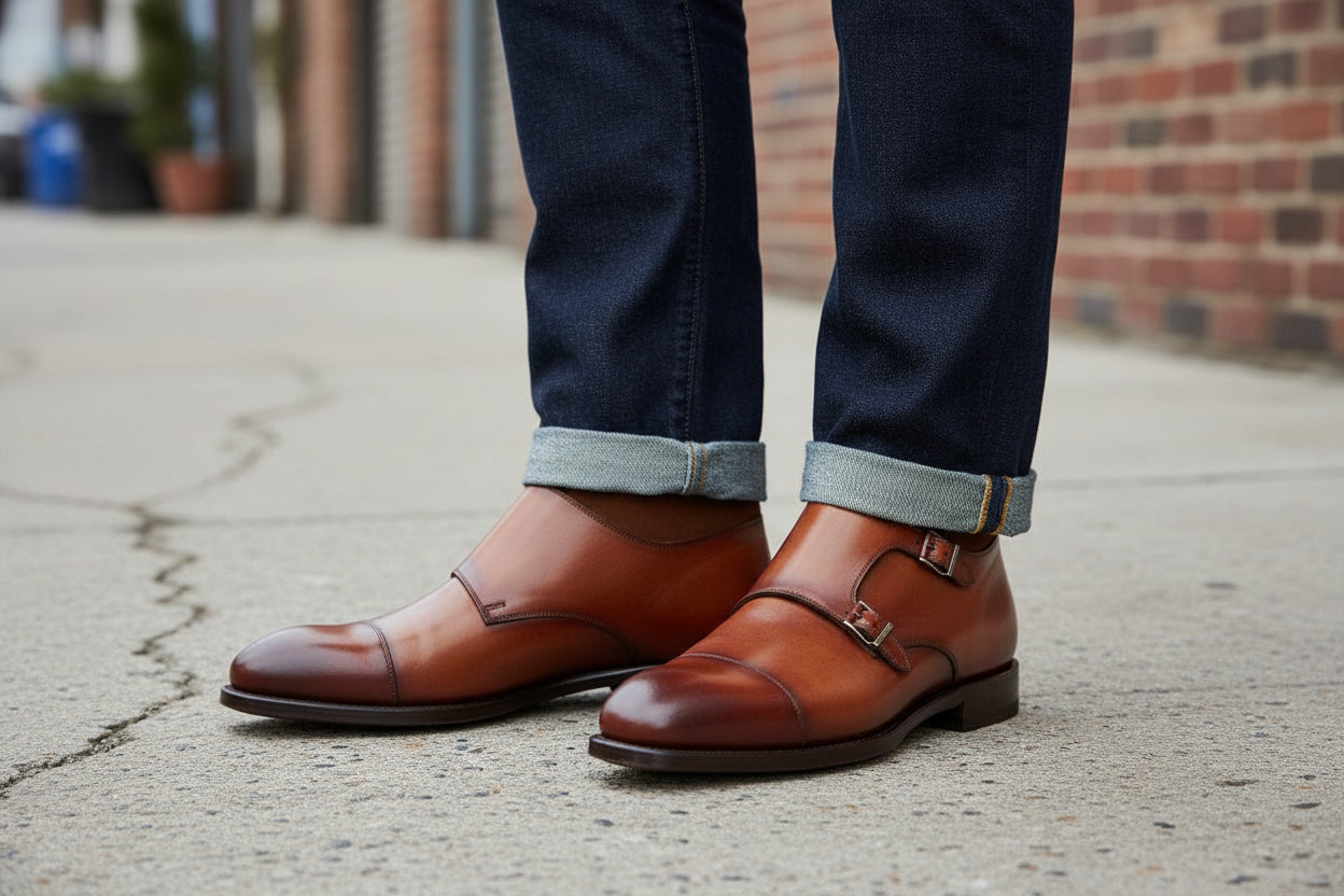 Handmade Men's Double Monk Leather Chukka Boots.