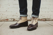 Handmade Men Two Tone Ankle Boots, Brown and Beige Suede Lace Up Boots
